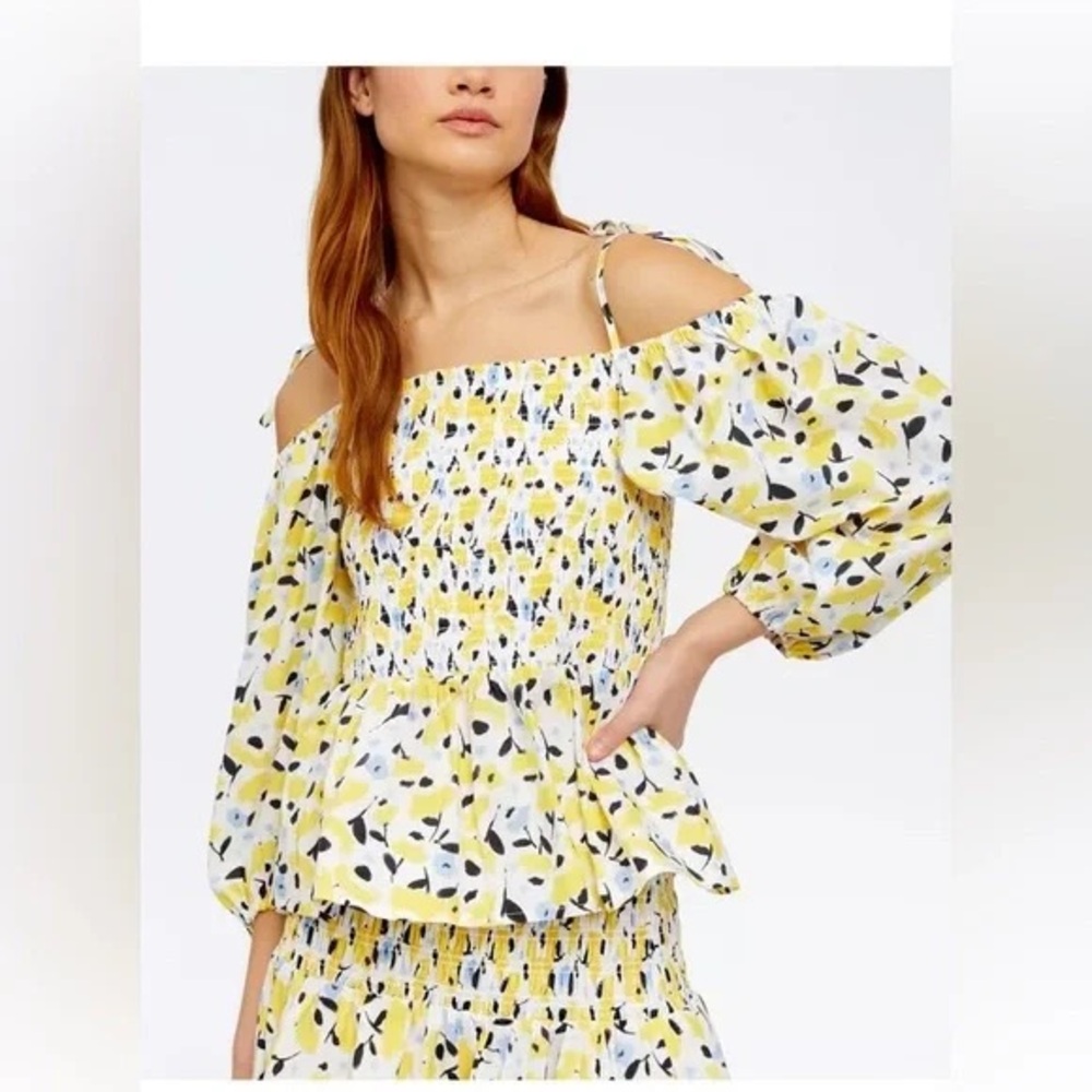 Tanya Taylor yellow puff sleeve off/on shoulder smocked blouse sz M peplum waist